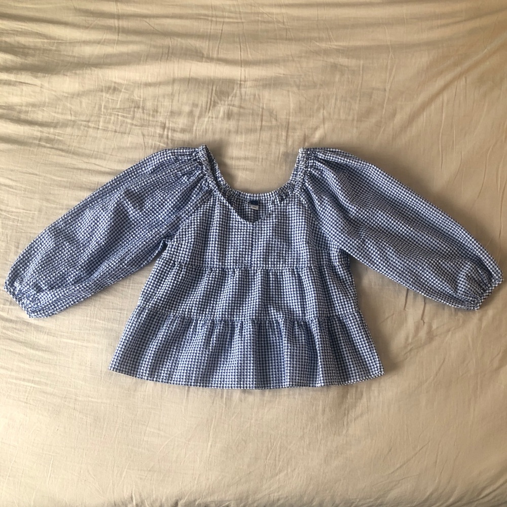 ‘Old Navy’ Blue & White Gingham Long Sleeve V Neck Blouse